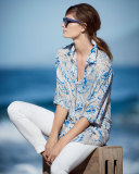 3/4-Sleeve Button-Front Printed Shirt, Blue Multi