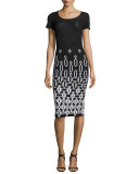Graphic Jacquard Short-Sleeve Dress, Caviar/Bianco