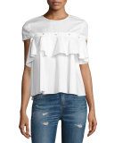 Pearly-Button Ruffle-Trim Top, White