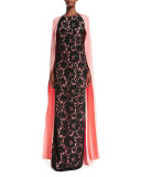 Lace-Front Caftan Gown, Peach/Black