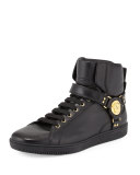 Leather High-Top Sneaker with Gold Medallion, Black