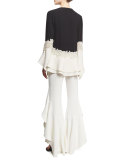 Tiered Georgette Lace-Inset Blouse, Black/Ivory