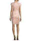 Cap-Sleeve Rose Lace Sheath Dress, Pink