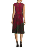 Lace-Print Sleeveless Pleated Dress, Raspberry