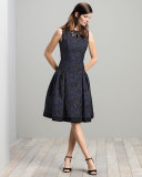 Sleeveless Floral-Jacquard A-Line Dress, Midnight