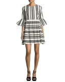 Augusta Striped Ruffle-Sleeve Dress, Black/White