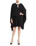 Tie-Neck Long-Sleeve Cape Dress, Black