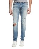 Dirty Distressed Skinny Jeans with Blowout Knee, Blue