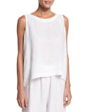Sleeveless Round-Neck Linen Shell, White