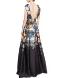 Folded Cap-Sleeve Degrade Organza Gown, Black/Blue