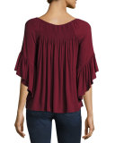 Stella Smocked Flutter-Sleeve Top, Port