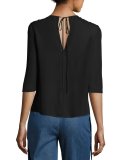 3/4-Sleeve Gathered-Neck Blouse, Black