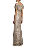 Off-the-Shoulder Embellished Lace Gown, Ginseng/Natural