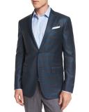 Plaid Wool Two-Button Sport Coat, Petrol/Camel