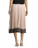 Pleated Lace-Trim Midi Skirt, Poudre