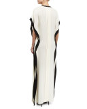 Guipure-Lace Belted Crepe Kaftan, Alabaster/Caviar