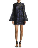 Coco Bell-Sleeve Metallic Cocktail Dress, Blue/Multicolor