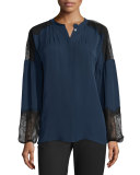 Long-Sleeve Silk Peasant Blouse w/ Lace Panels