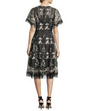 Floral Embroidered Tulle Midi Cocktail Dress, Black