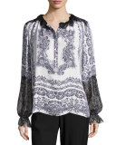 Myrina Lace-Trimmed Printed Silk Blouse, White Multi