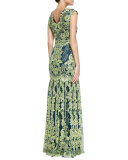 Cap-Sleeve Lace Overlay Gown