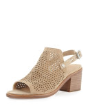 Wyatt Perforated Mid-Heel Sandal, Taupe