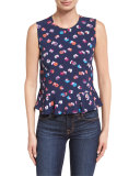 Sleeveless Floral Sakura Peplum Top, Navy