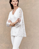 3/4-Sleeve Lace-Inset Sweater, Blanc