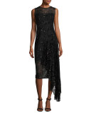 Katia Sleeveless Asymmetric Sequined Tulle Sheath Dress, Black