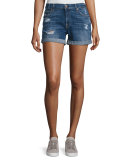 Mid-Rise Rolled-Cuff Distressed Denim Shorts, Indigo
