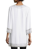 3/4-Sleeve Split-Neck Embellished Silk Tunic, White
