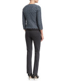 Long-Sleeve Round-Neck Silk Blouse, Light Blue