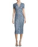 Short-Sleeve Lace Midi Cocktail Dress, Denim Blue