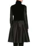 A-Line Bracelet-Sleeve Coat w/Velvet Vest, Black