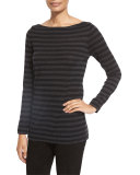 Striped Merino Wool Long-Sleeve Top, Charcoal/Black 