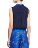 Britni Sleeveless Silk Top w/ Chevron Dots Trim, Midnight