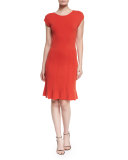 Cap-Sleeve Seamed Dress, Red