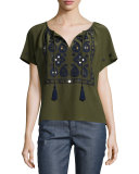 Camille Short-Sleeve Embroidered Top, Dark Olive Green