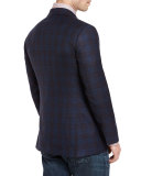 Plaid Cashmere Two-Button Sport Coat, Navy/Burgundy