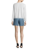 Boxy Pintucked Tassel-Trim Cotton Top, Soft White