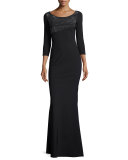 Lasa 3/4-Sleeve Embellished Jersey Gown, Nero