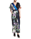 Floral-Print Satin Belted Jumpsuit, Multicolor