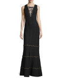 Sleeveless Lace-Up Embellished Gown, Black