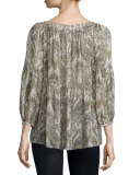 Haiku Tasseled Tie-Neck Paisley Silk Blouse, Bullion
