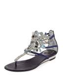 Crystal-Chandelier Flat Thong Sandal, Blue
