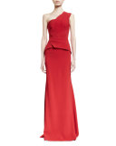 Godfrey One-Shoulder Peplum Degrade Gown, Red