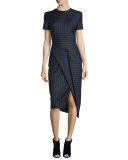 Short-Sleeve Pinstripe Midi Dress, Classic Navy