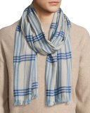 Cottlea Men's Plaid Cotton-Linen Scarf, Cream/Blue