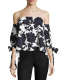 Elena Off-the-Shoulder Floral Stretch Ottoman Top, Blue/White