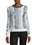 Mixed-Print Lace-Front Pullover, White/Black